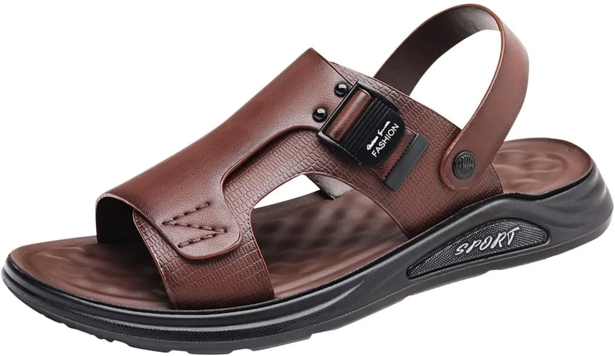Open Toe Sandals for Men Fashion Leather Outdoor Sandal Casual Slip on Breathable Hiking Beach Slippers Walking Footwear
