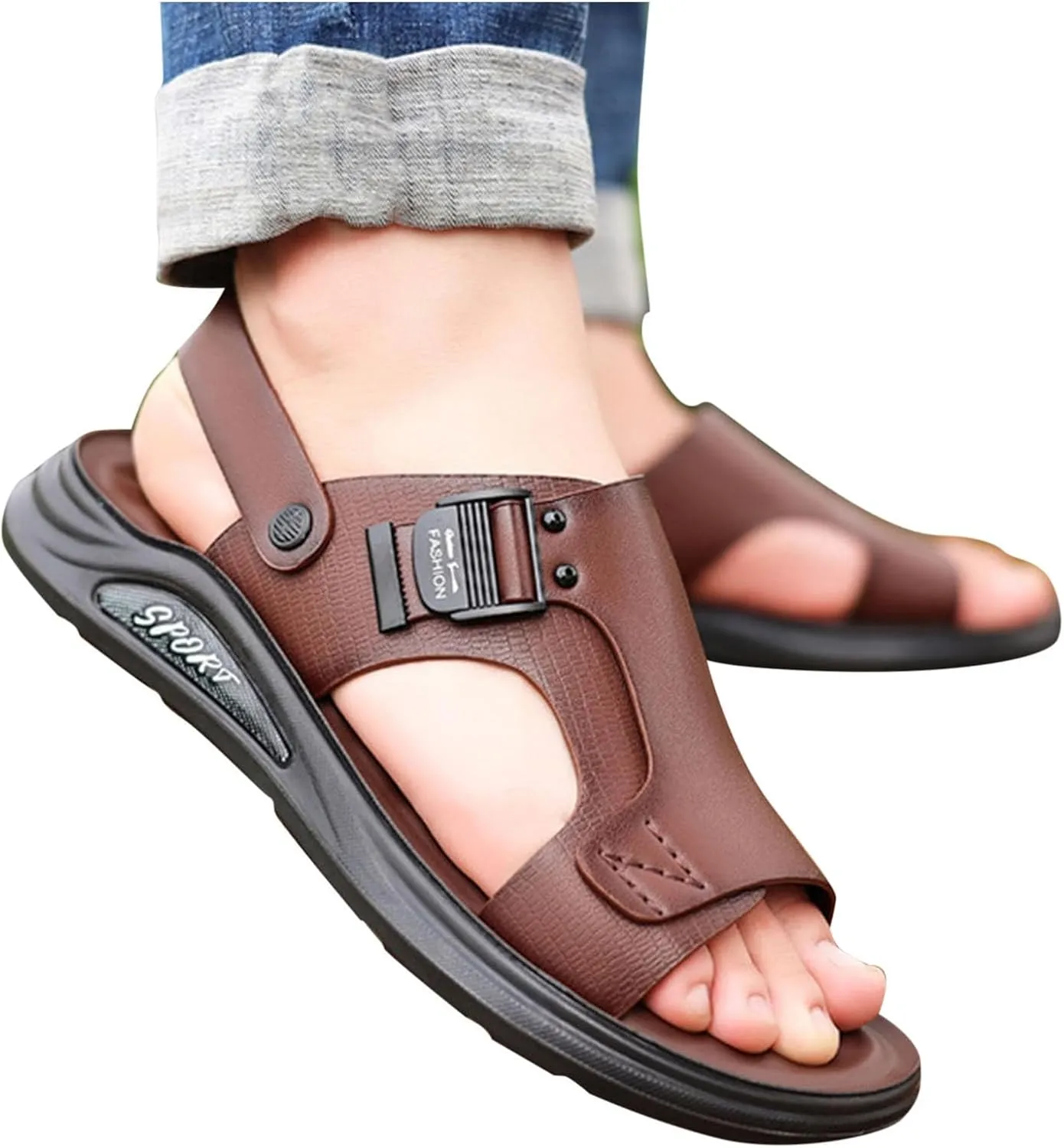 Open Toe Sandals for Men Fashion Leather Outdoor Sandal Casual Slip on Breathable Hiking Beach Slippers Walking Footwear