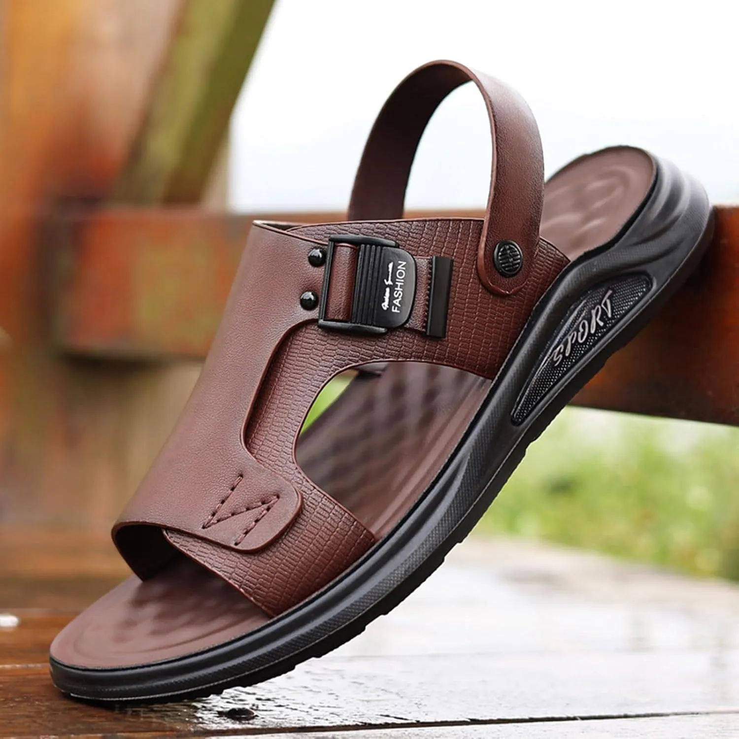Open Toe Sandals for Men Fashion Leather Outdoor Sandal Casual Slip on Breathable Hiking Beach Slippers Walking Footwear