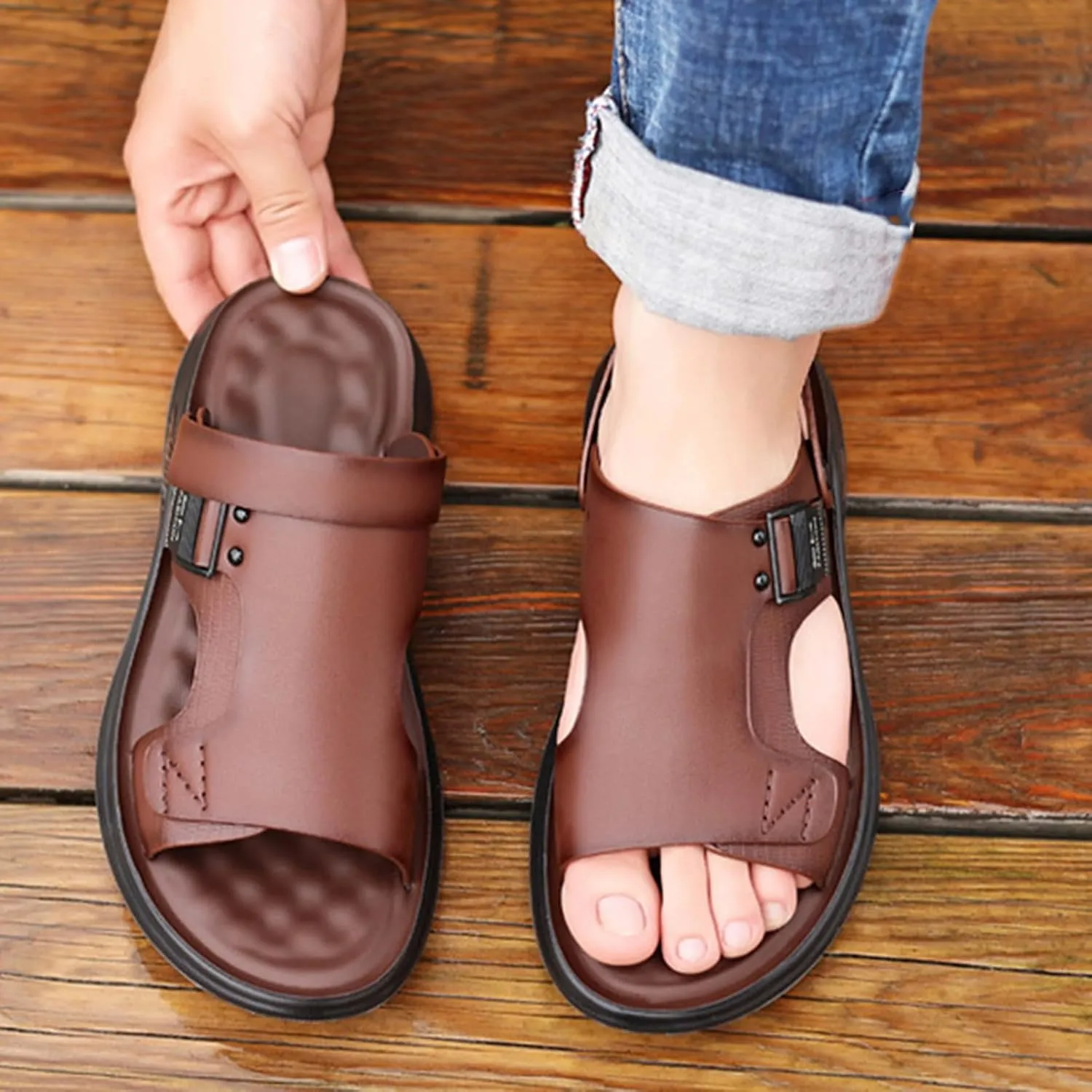 Open Toe Sandals for Men Fashion Leather Outdoor Sandal Casual Slip on Breathable Hiking Beach Slippers Walking Footwear