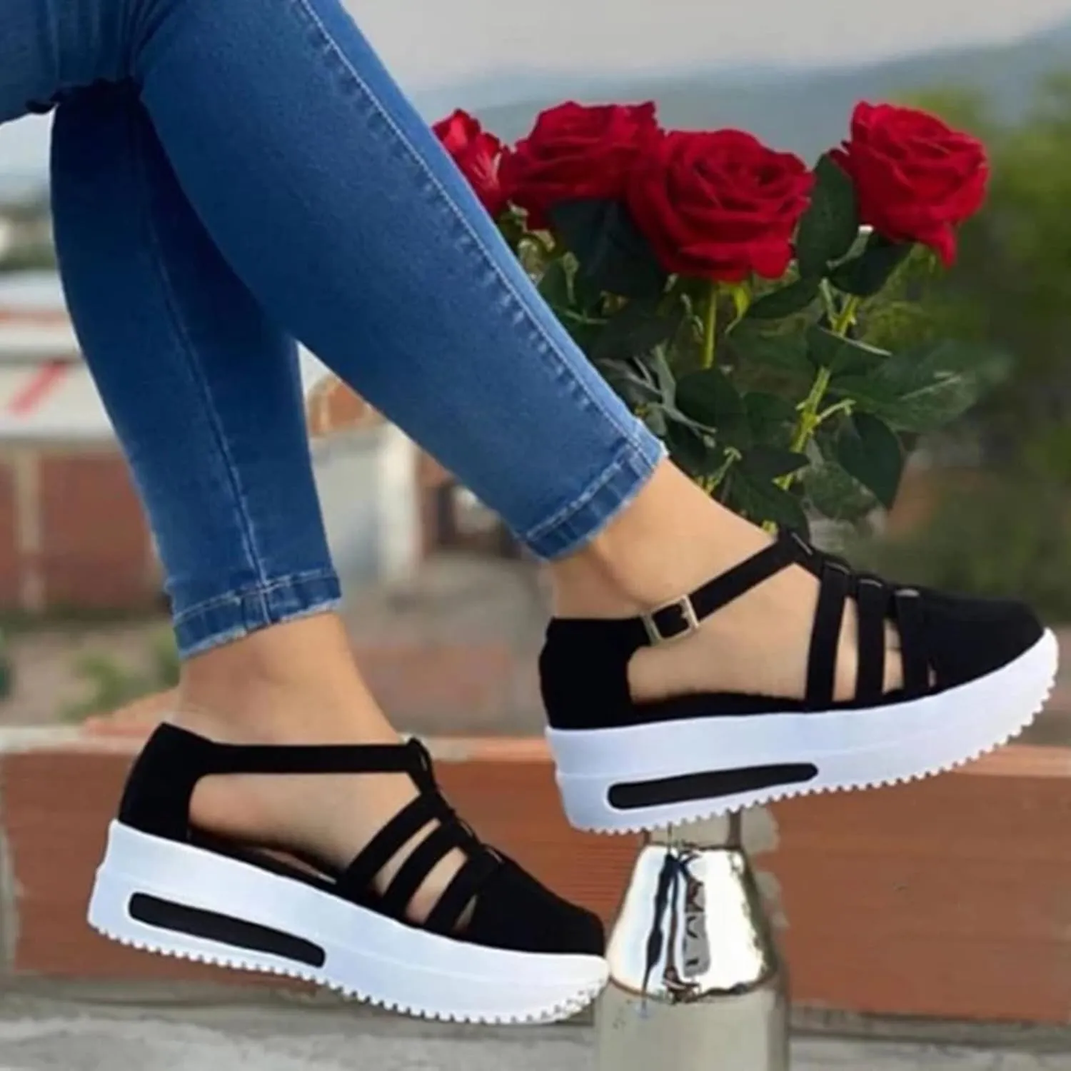 Orthopedic Platform Wedge Sandals for Women Summer Dressy,Arch Support Closed Toe Buckle Ankle Strap Espadrilles Wedge Comfortable Outdoor Shoes Strappy Slip on Sandals Beach Boho Shoes