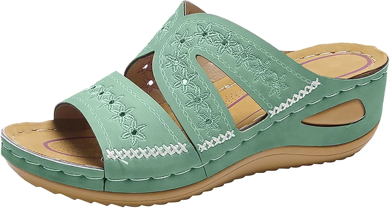 Orthopedic Wedge Sandals for Women,Flat Open Toe Platform Sandals Dressy Summer 2025 Hollow Out Casual Boho Slip on Beach Sandals Dress Comfortable Outdoor Shoes Sandalias OrtopDicas Para Mujer