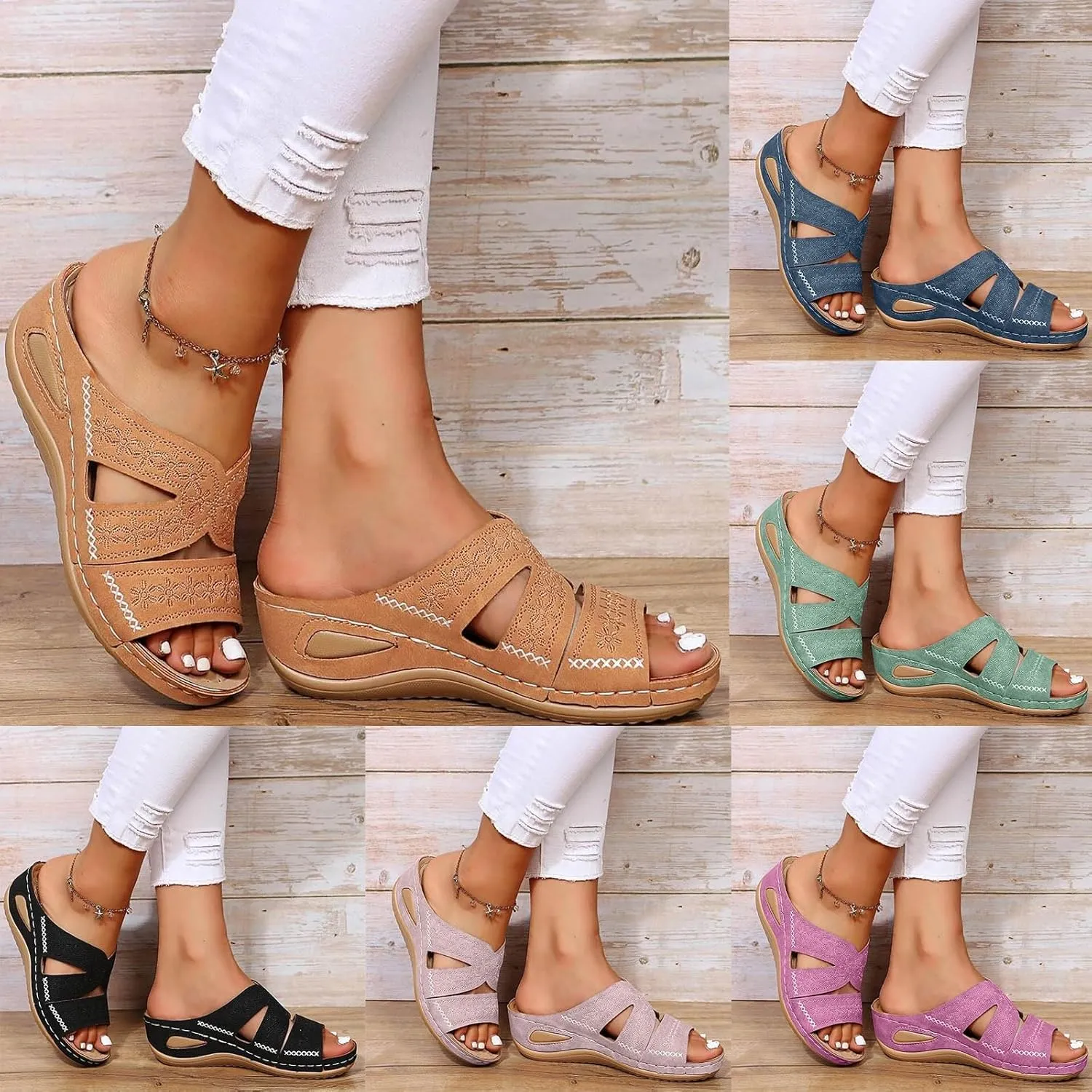 Orthopedic Wedge Sandals for Women,Flat Open Toe Platform Sandals Dressy Summer 2025 Hollow Out Casual Boho Slip on Beach Sandals Dress Comfortable Outdoor Shoes Sandalias OrtopDicas Para Mujer