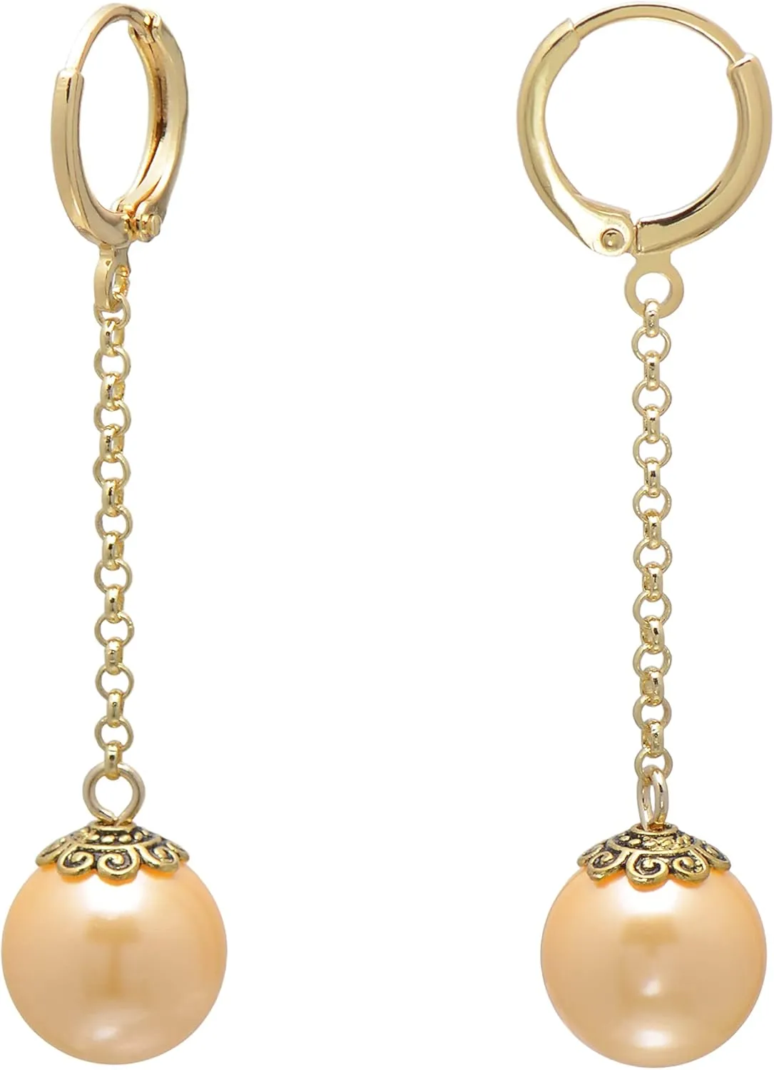 Paialco 12mm Faux Pearl Earrings Hypoallergenic Leverbacks Chain Dangling Ball Earrings for Women, Golden