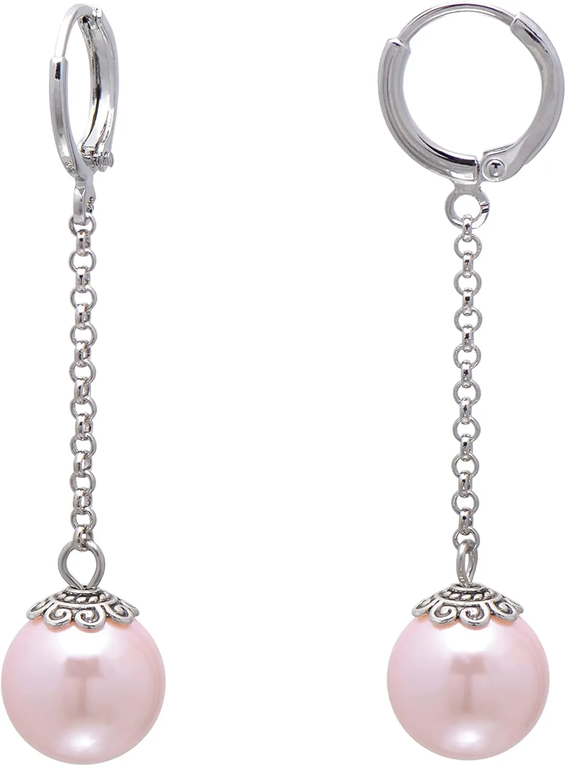 Paialco 12mm Faux Pearl Earrings Hypoallergenic Leverbacks Chain Dangling Ball Earrings for Women, Pink