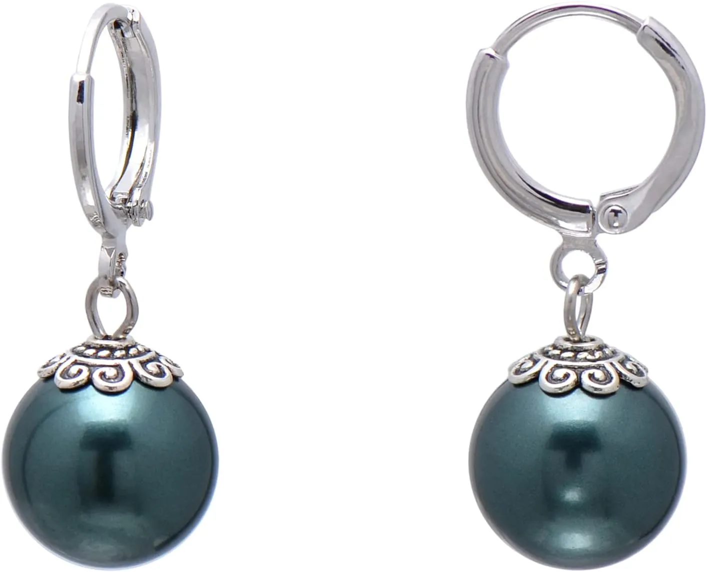 Paialco 12mm Faux Pearl Earrings Leverbacks Hypoallergenic Ball Dangle Hoop Earrings for Women, Green