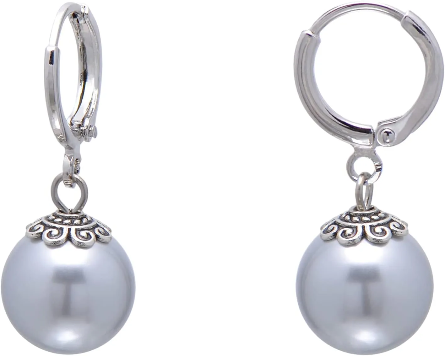 Paialco 12mm Faux Pearl Earrings Leverbacks Hypoallergenic Ball Dangle Hoop Earrings for Women, Grey