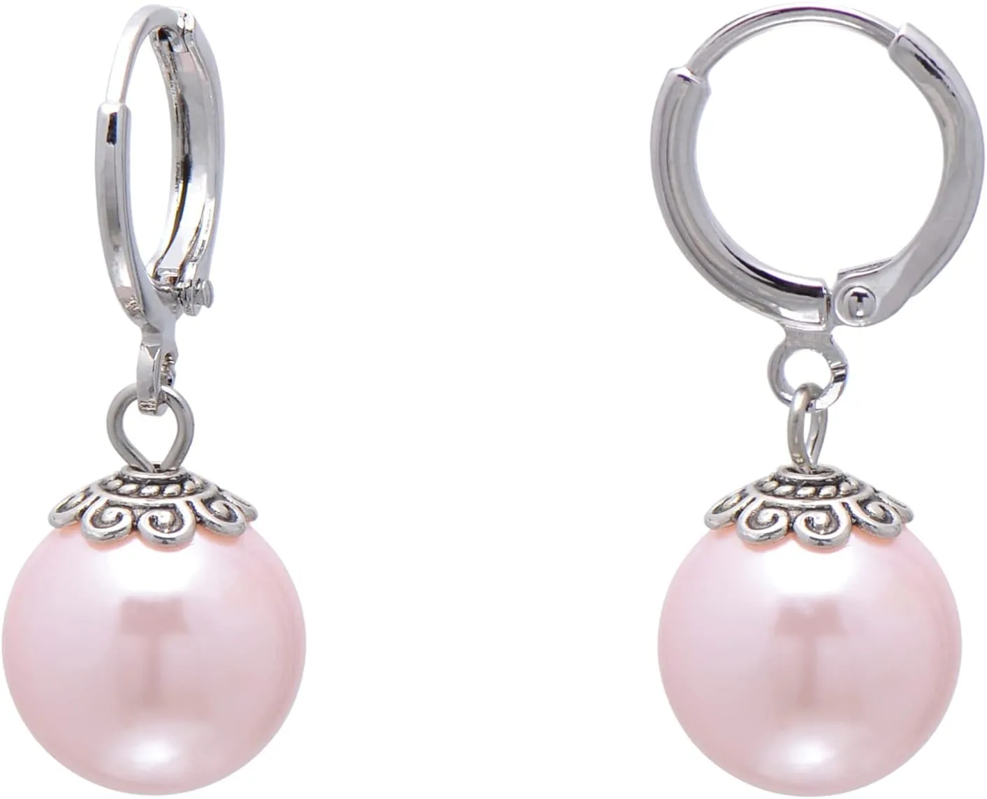 Paialco 12mm Faux Pearl Earrings Leverbacks Hypoallergenic Ball Dangle Hoop Earrings for Women, Pink
