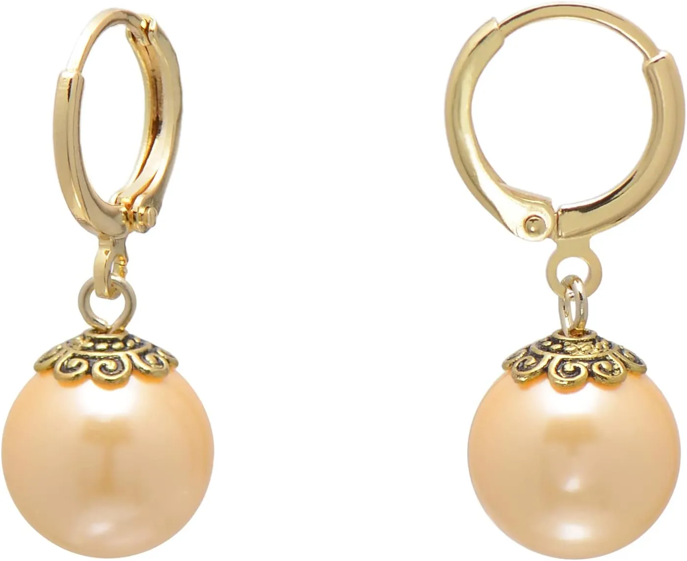 Paialco 12mm Faux Pearl Earrings Leverbacks Hypoallergenic Ball Dangle Hoop Earrings for Women, Yellow