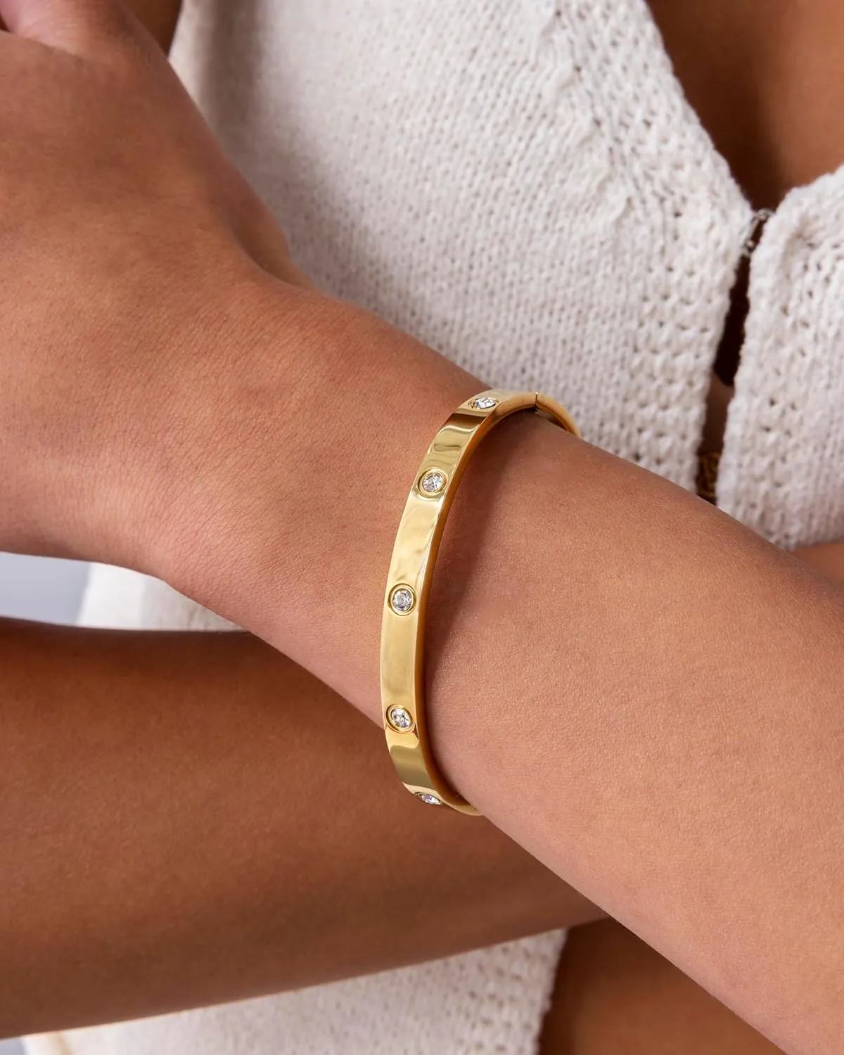 PAVOI 14K Gold Plated Love Bangle Bracelets for Women | Waterproof Stainless Steel Cubic Zirconia Hinged Bracelet Dupe