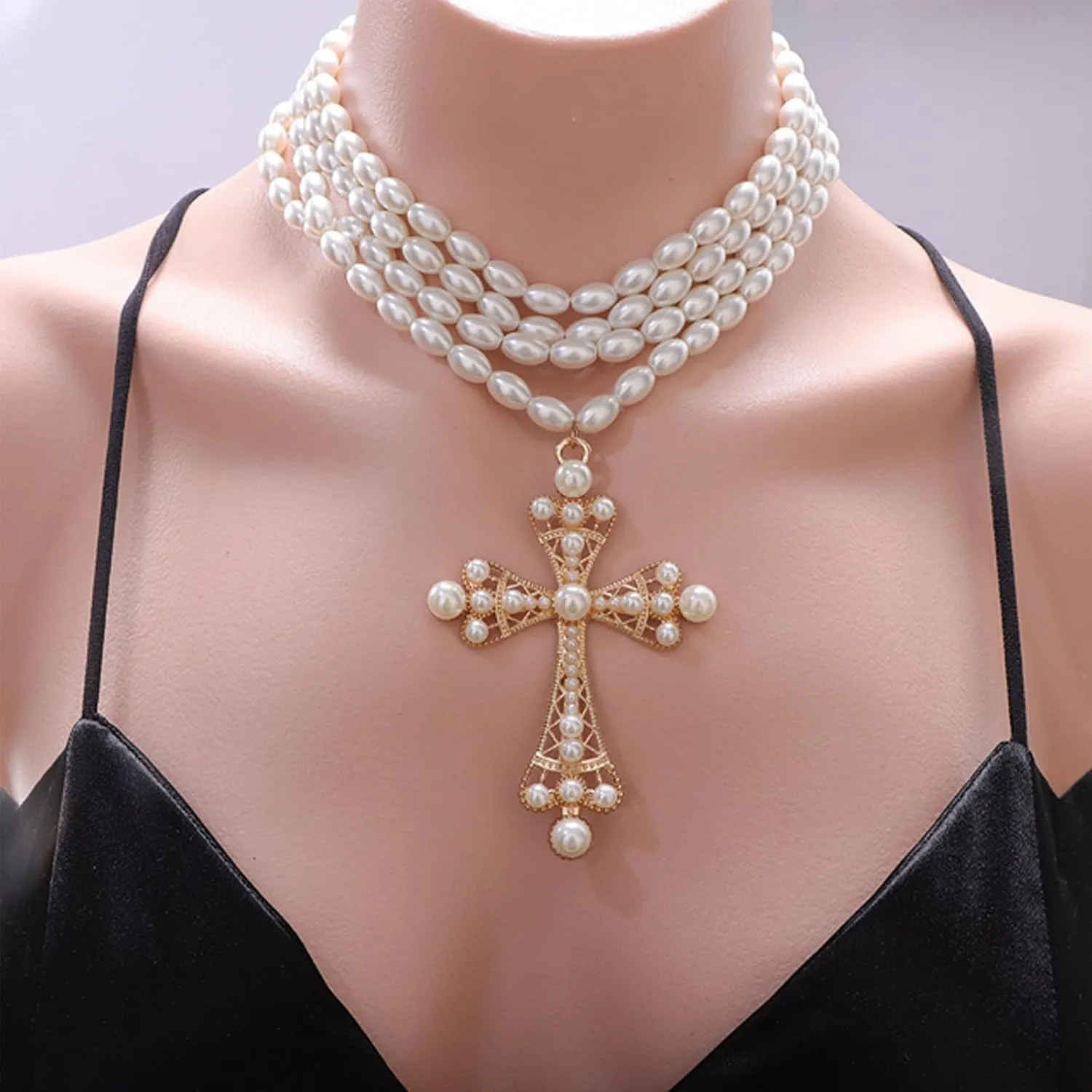 Pearl Cross Necklace for Women Gothic Layered Pearl Necklace Chunky Big Cross Necklaces Vintage Gothic Charm Necklaces Halloween Jewelry for Women