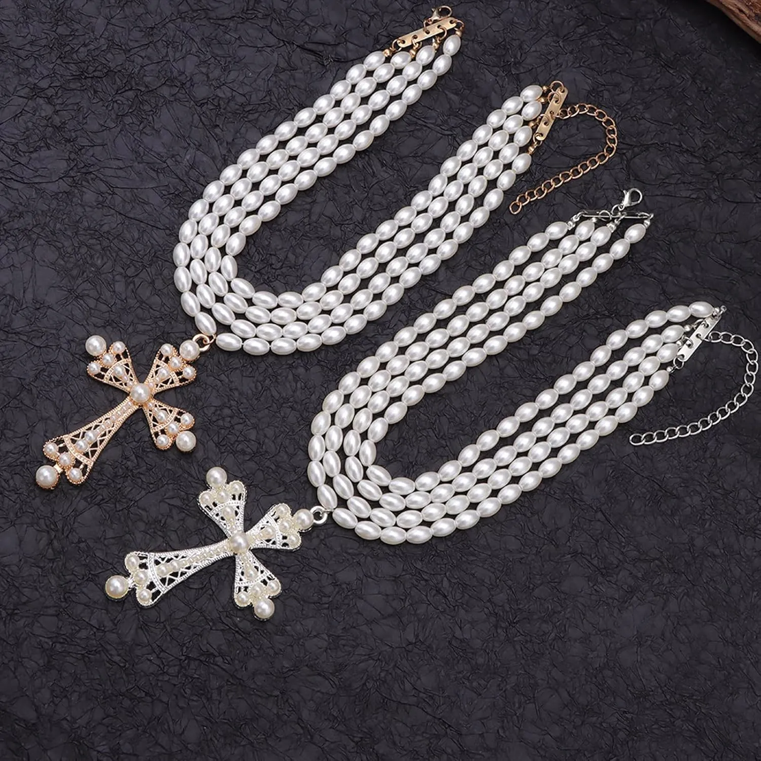 Pearl Cross Necklace for Women Gothic Layered Pearl Necklace Chunky Big Cross Necklaces Vintage Gothic Charm Necklaces Halloween Jewelry for Women