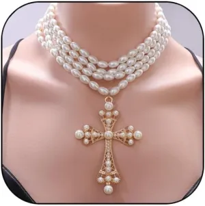 Pearl Cross Necklace for Women Gothic Layered Pearl Necklace Chunky Big Cross Necklaces Vintage Gothic Charm Necklaces Halloween Jewelry for Women