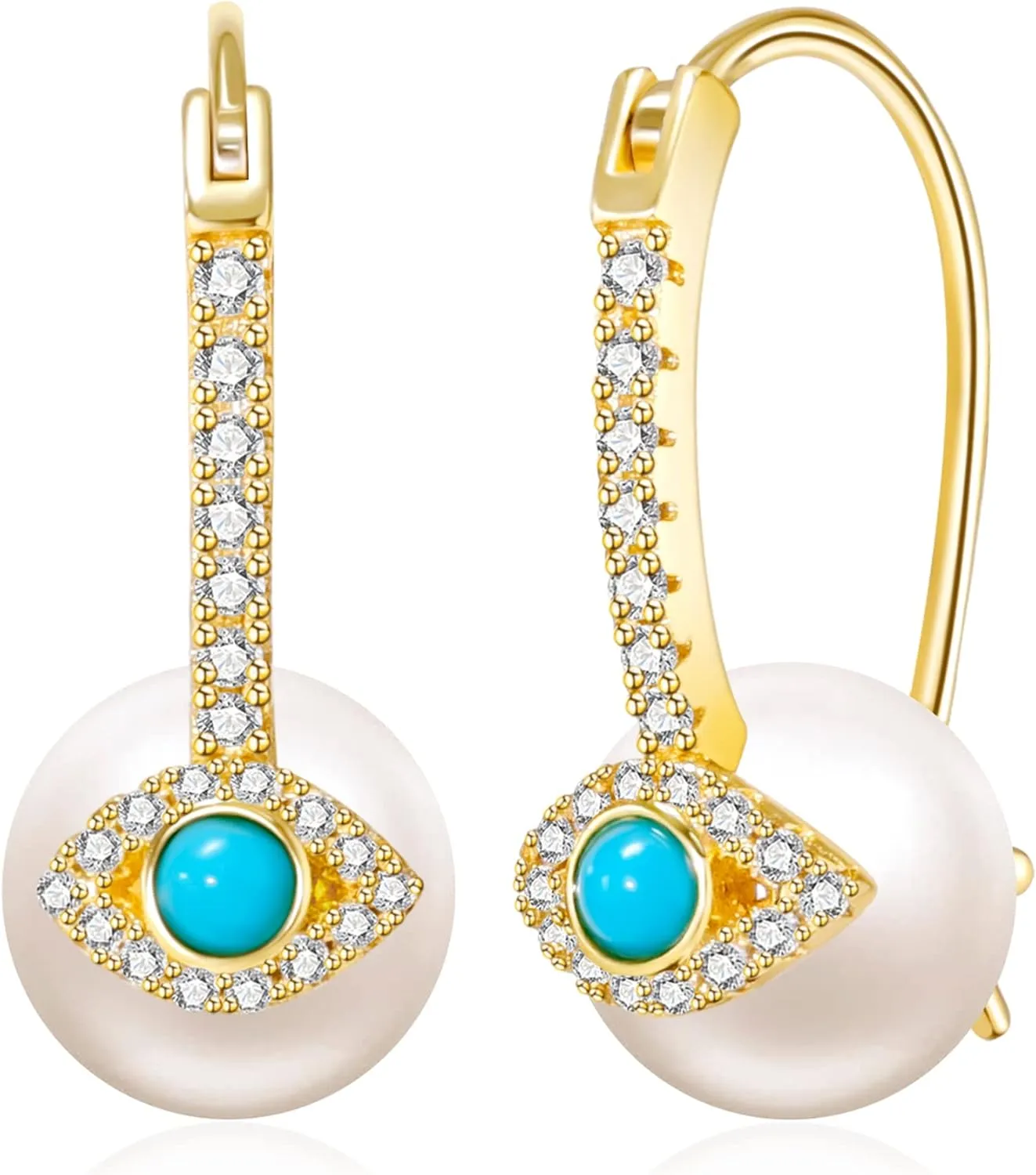 Pearl Drop Earrings 16K Gold Hoop White Real Freshwater Cultured Pearl Dangle Cubic Zirconia French leverback Earrings for Women Wedding Christmas Gifts