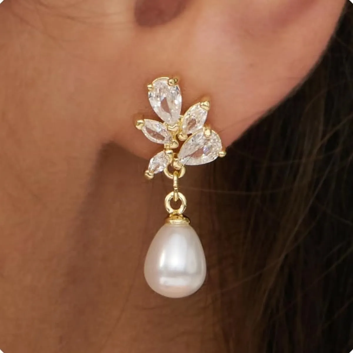 Pearl Drop Earrings for Women-14K Gold Plated Elegant Imitation Pearl Stud for Brides Wedding Prom Jewelry Trendy CZ Flower Gold Pearl Dangling Earrings