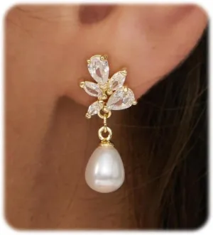 Pearl Drop Earrings for Women-14K Gold Plated Elegant Imitation Pearl Stud for Brides Wedding Prom Jewelry Trendy CZ Flower Gold Pearl Dangling Earrings