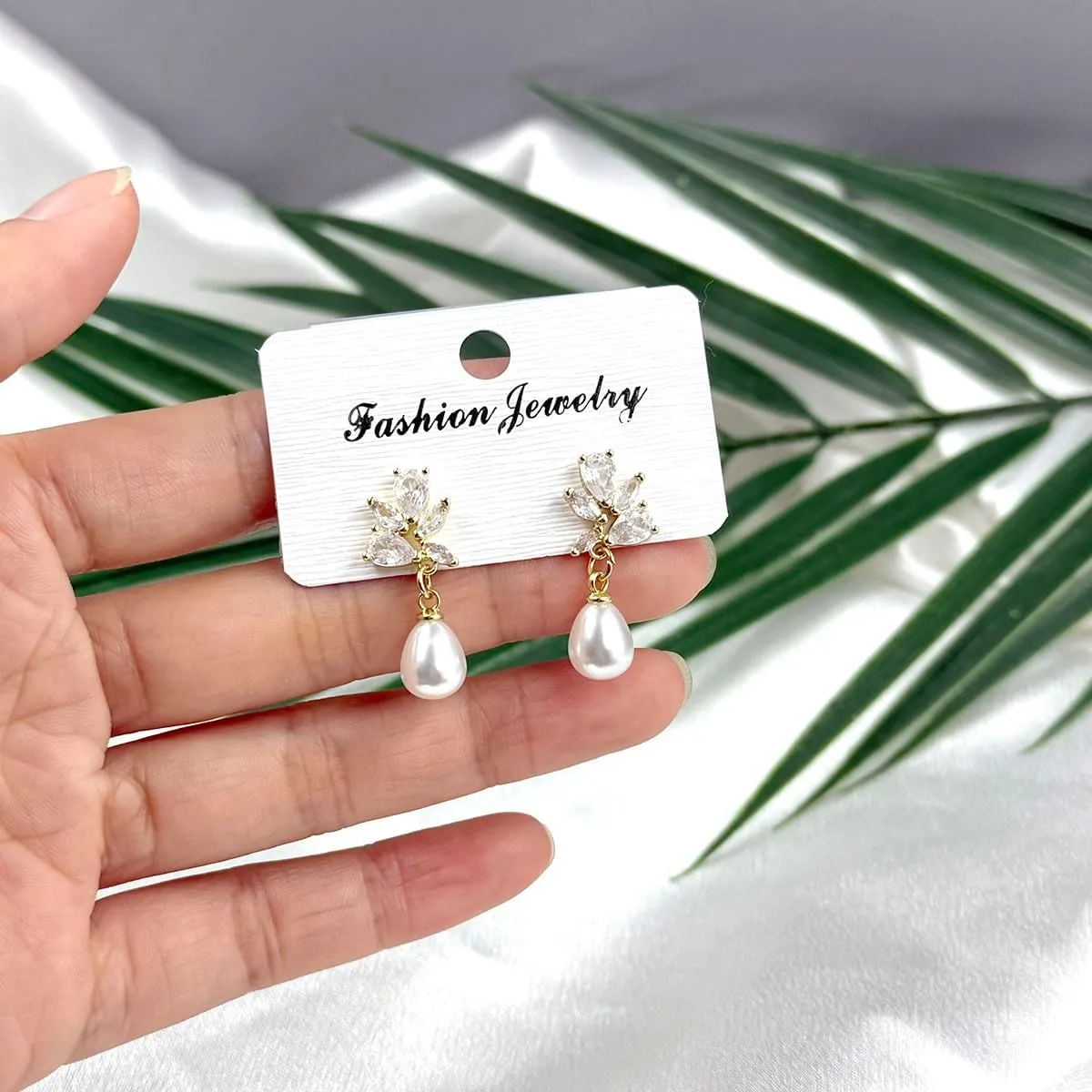 Pearl Drop Earrings for Women-14K Gold Plated Elegant Imitation Pearl Stud for Brides Wedding Prom Jewelry Trendy CZ Flower Gold Pearl Dangling Earrings