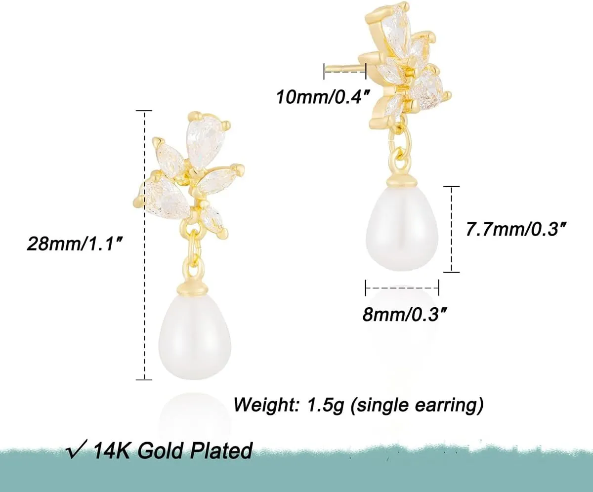 Pearl Drop Earrings for Women-14K Gold Plated Elegant Imitation Pearl Stud for Brides Wedding Prom Jewelry Trendy CZ Flower Gold Pearl Dangling Earrings
