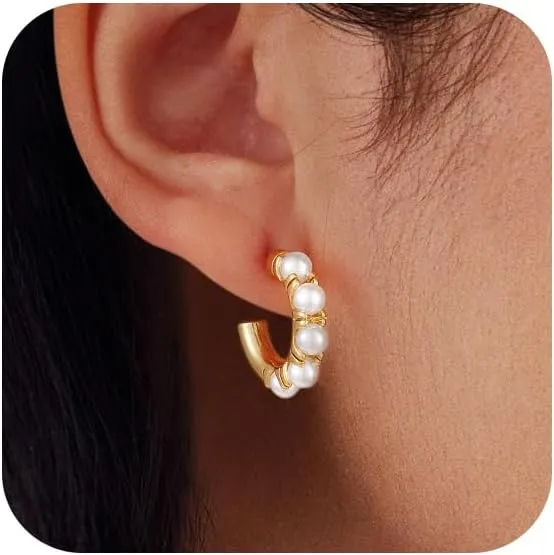 Pearl Earrings for Woman Trendy Gold Hoops Simple Pearl Hoop Earrings for Woman Gift and Wedding