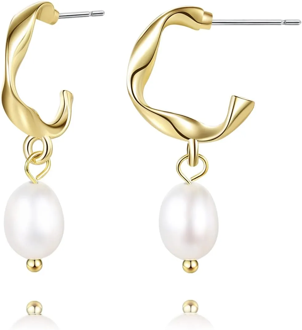 Pearl Earrings for Women 14K Gold Plated Freshwater Cultured Baroque Pearl drop Earrings Gold Pearl Earrings Dangle for Mother Wife Her 2 Pairs
