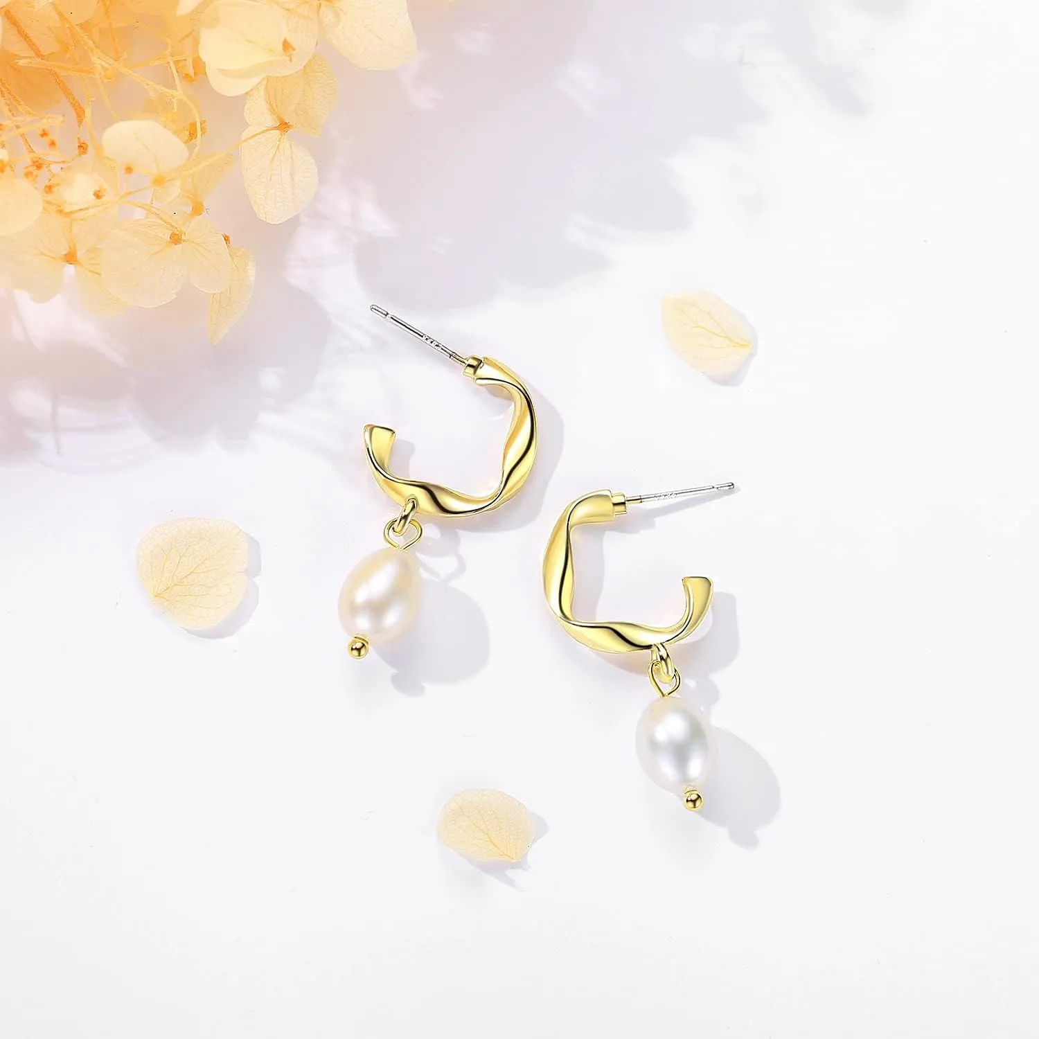 Pearl Earrings for Women 14K Gold Plated Freshwater Cultured Baroque Pearl drop Earrings Gold Pearl Earrings Dangle for Mother Wife Her 2 Pairs