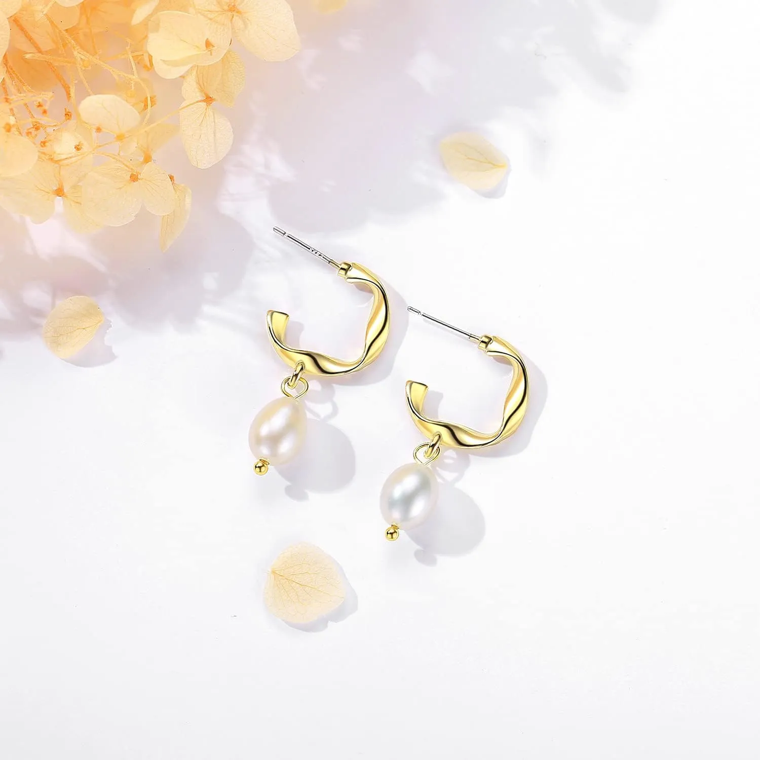 Pearl Earrings for Women 14K Gold Plated Freshwater Cultured Baroque Pearl drop Earrings Gold Pearl Earrings Dangle for Mother Wife Her 2 Pairs
