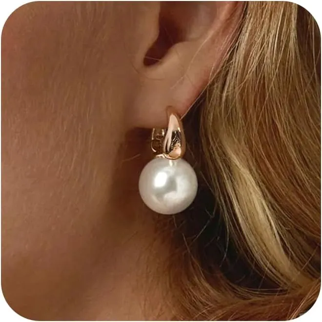 Pearl Earrings for Women, 14K Gold Plated/925 Sterling Silver Quality Handpicked AAA  Freshwater Cultured Round Pearls Small Gold Hoops Dangle Pearl Earrings Wedding Jewelry Gift for Women