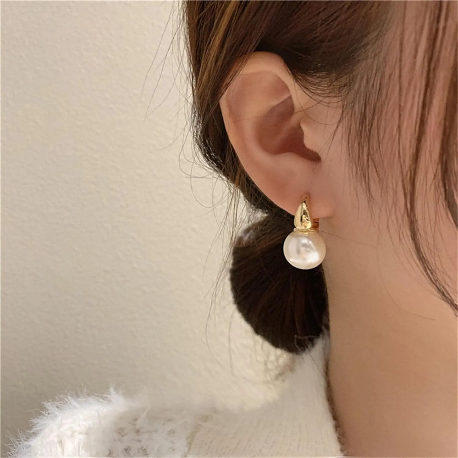 Pearl Earrings for Women, 14K Gold Plated/925 Sterling Silver Quality Handpicked AAA  Freshwater Cultured Round Pearls Small Gold Hoops Dangle Pearl Earrings Wedding Jewelry Gift for Women