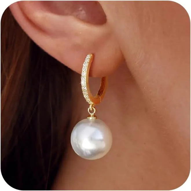 Pearl Earrings for Women Gold Hoop Earrings for Women Trendy 14K Gold Plated Pearl Huggie Earring Hoops Danity Cubic Zirconia Pearl Dangle Earrings Jewelry Gifts for Women