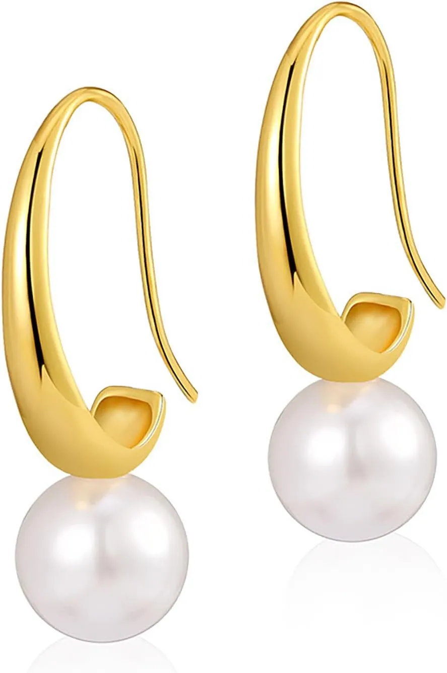Pearl Earrings for Women Small 18K Gold Plated Pearl Hoop Earrings Trendy Pearl Drop Earrings Gold Dangle Earrings for Women Wedding Jewelry