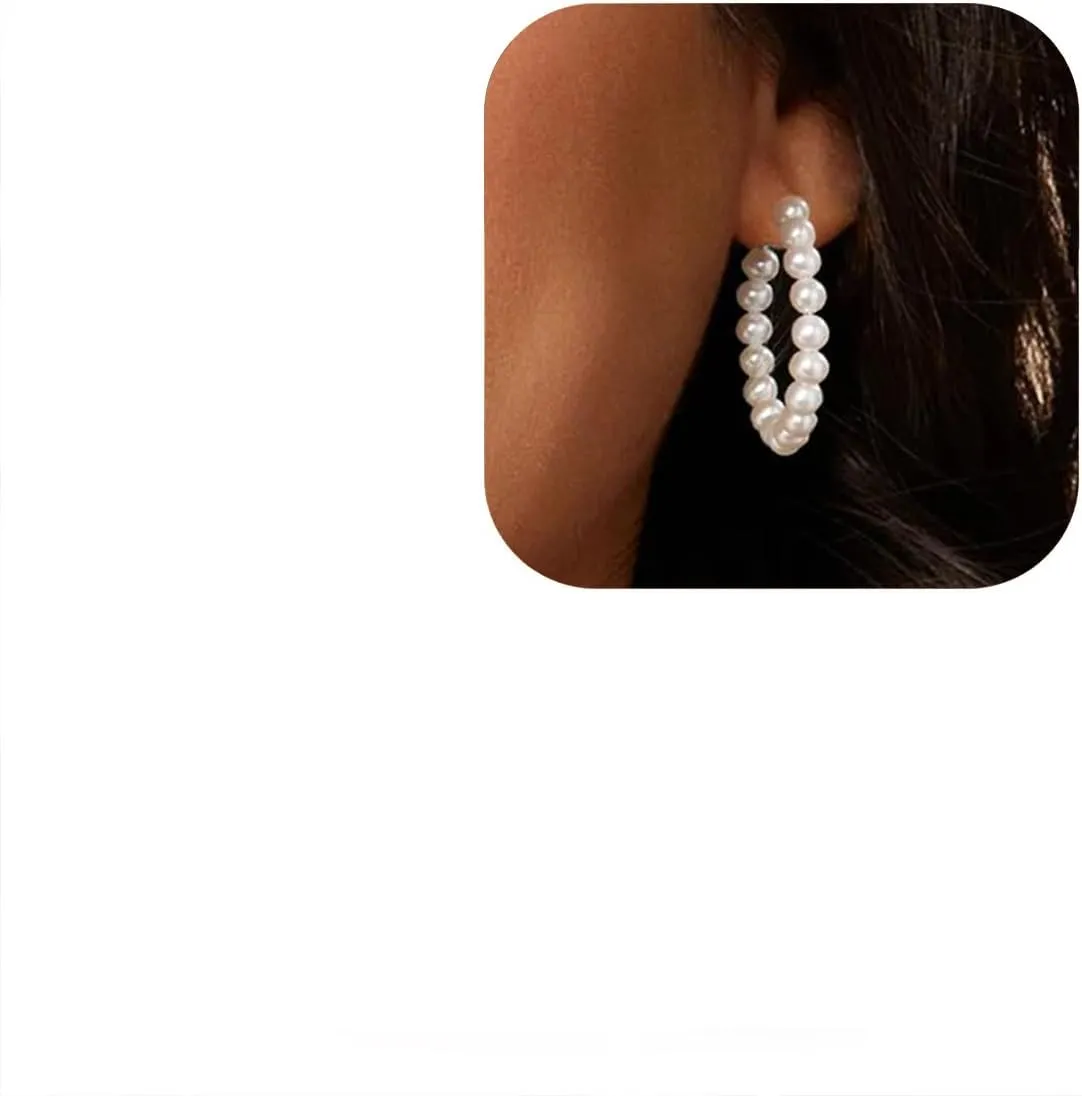 Pearl Hoop Earrings for Women, Lightweight Dangling Pearls Jewelry, Hypoallergenic Gold-Plated Hoops, 45mm Large Pearl Earrings