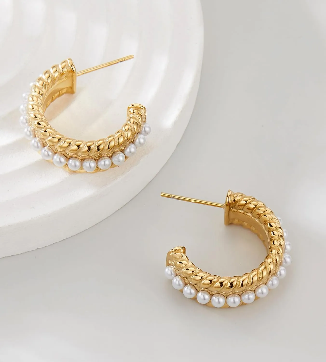 Pearl Hoop Earrings for Women, Trendy 14K Gold Plated Round Pearl Cuff Hoop Earrings Hypoallergenic Statement Earrings Jewelry for Her