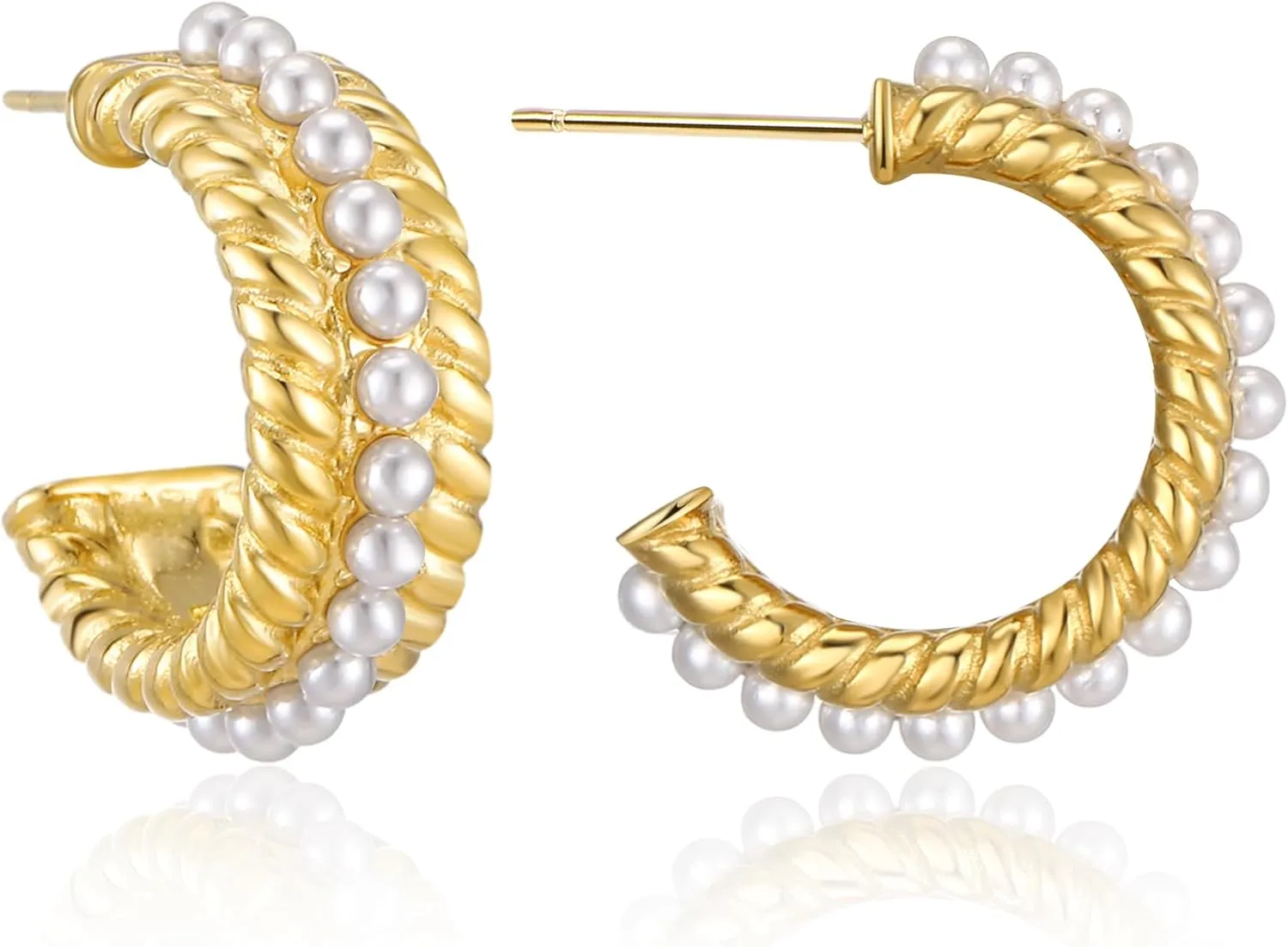 Pearl Hoop Earrings for Women, Trendy 14K Gold Plated Round Pearl Cuff Hoop Earrings Hypoallergenic Statement Earrings Jewelry for Her