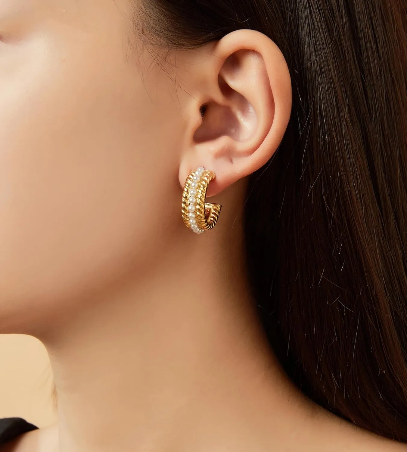 Pearl Hoop Earrings for Women, Trendy 14K Gold Plated Round Pearl Cuff Hoop Earrings Hypoallergenic Statement Earrings Jewelry for Her