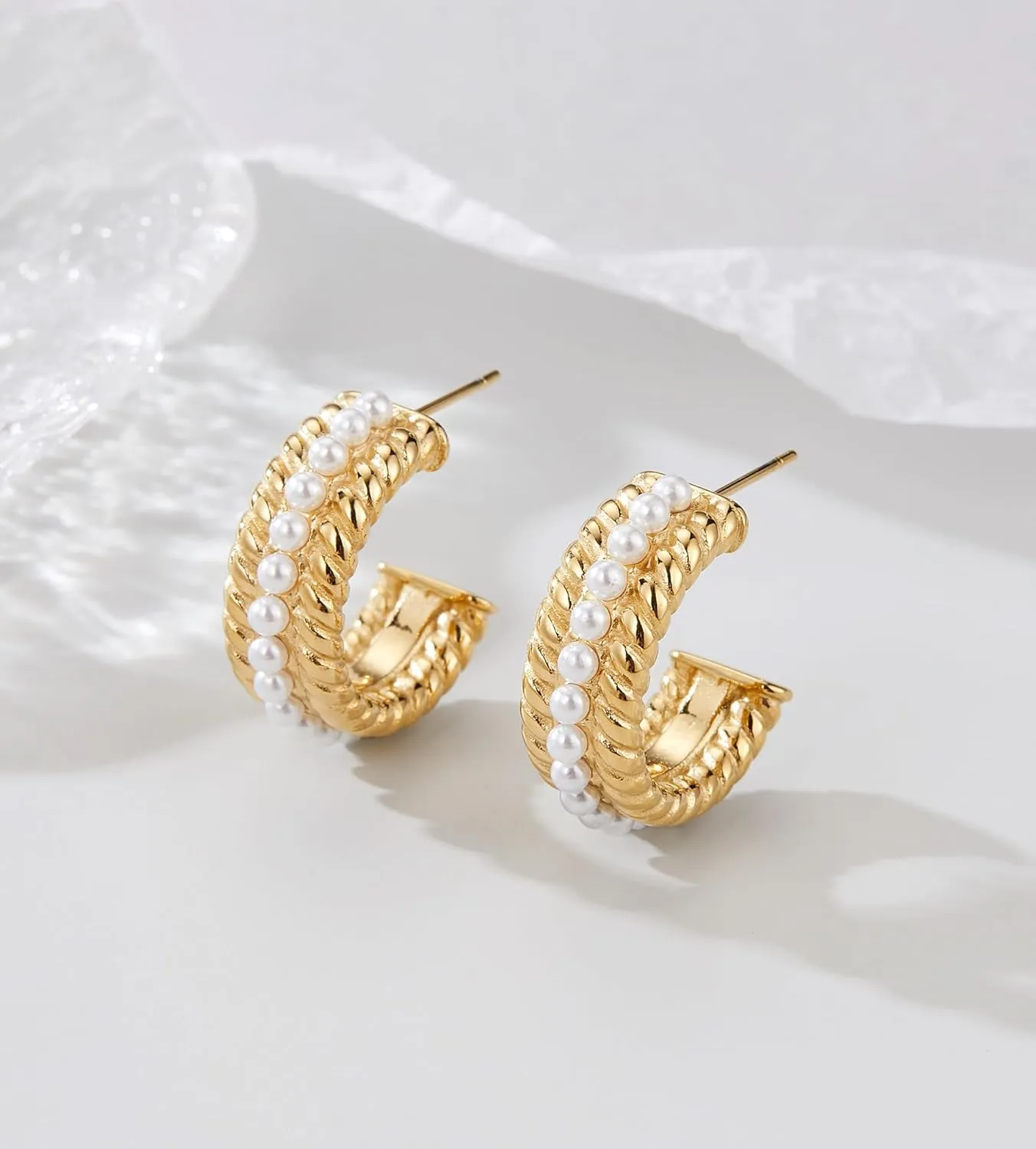Pearl Hoop Earrings for Women, Trendy 14K Gold Plated Round Pearl Cuff Hoop Earrings Hypoallergenic Statement Earrings Jewelry for Her