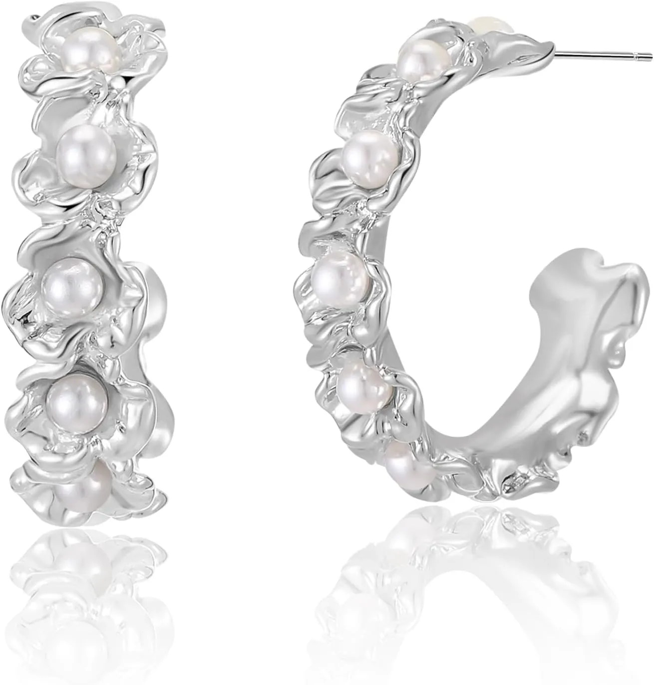 Pearl Hoop Earrings for Women, Trendy 14K Gold Plated Round Pearl Cuff Hoop Earrings Hypoallergenic Statement Earrings Jewelry for Women