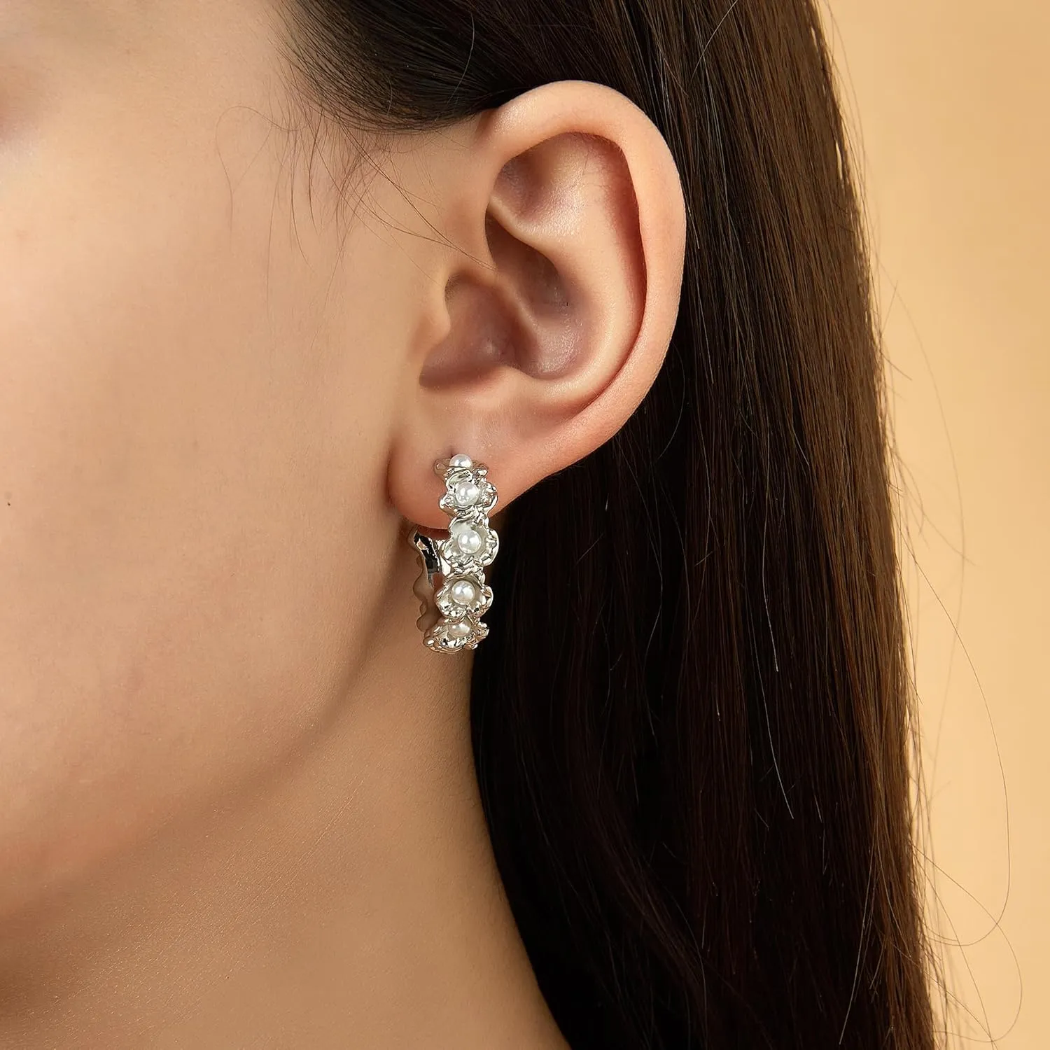 Pearl Hoop Earrings for Women, Trendy 14K Gold Plated Round Pearl Cuff Hoop Earrings Hypoallergenic Statement Earrings Jewelry for Women