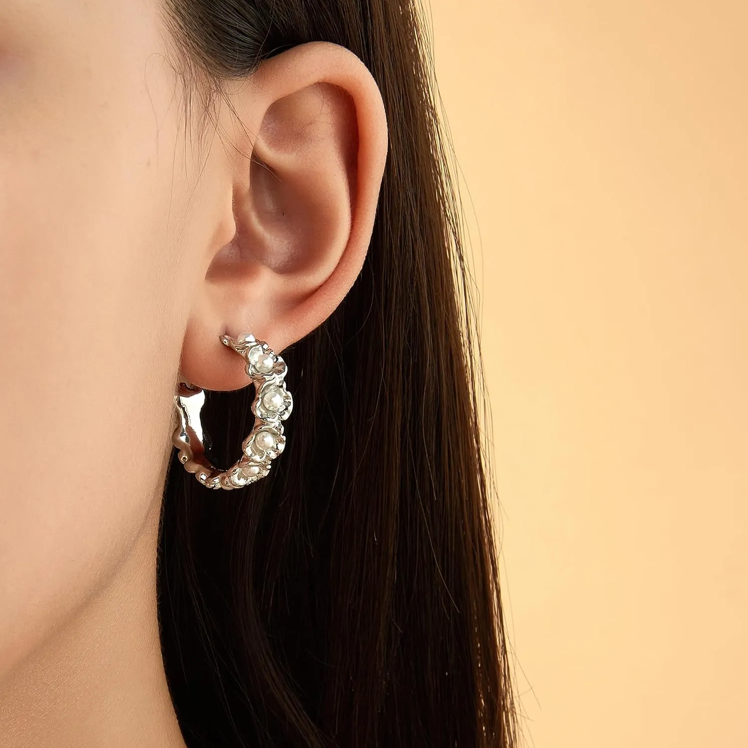 Pearl Hoop Earrings for Women, Trendy 14K Gold Plated Round Pearl Cuff Hoop Earrings Hypoallergenic Statement Earrings Jewelry for Women