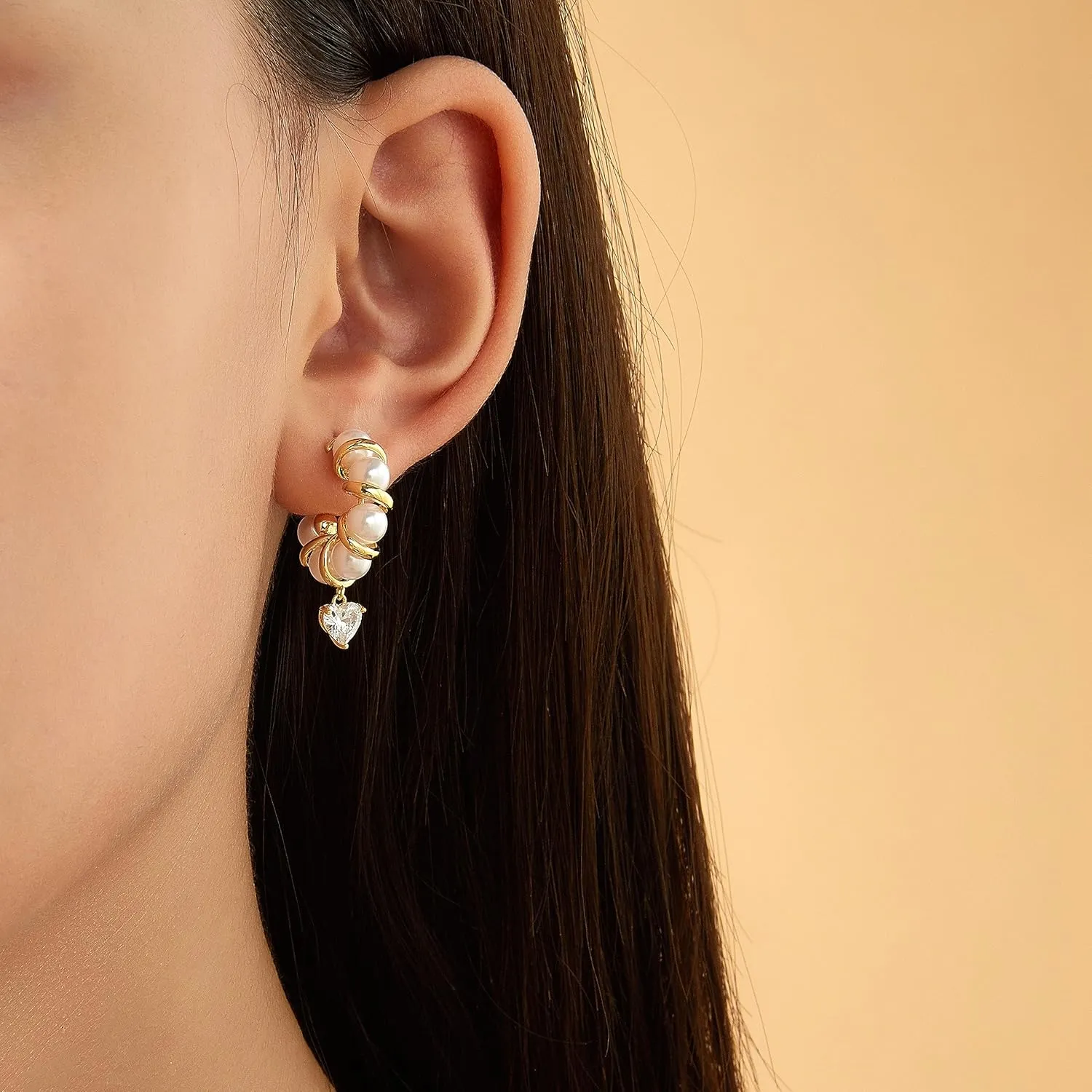 Pearl Hoop Earrings for Women, Trendy 14K Gold Plated Round Pearl Cuff Hoop Earrings Hypoallergenic Statement Earrings Jewelry for Women
