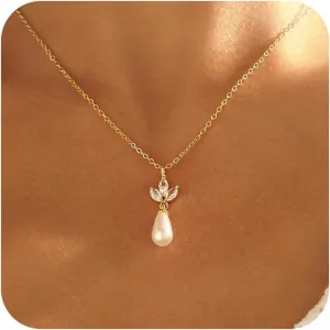 Pearl Necklaces for Women, 14K Gold Plated Charm Necklace Cute Pearl Pendant Necklace Dainty Gold Necklaces for Women Trendy Gold Jewelry