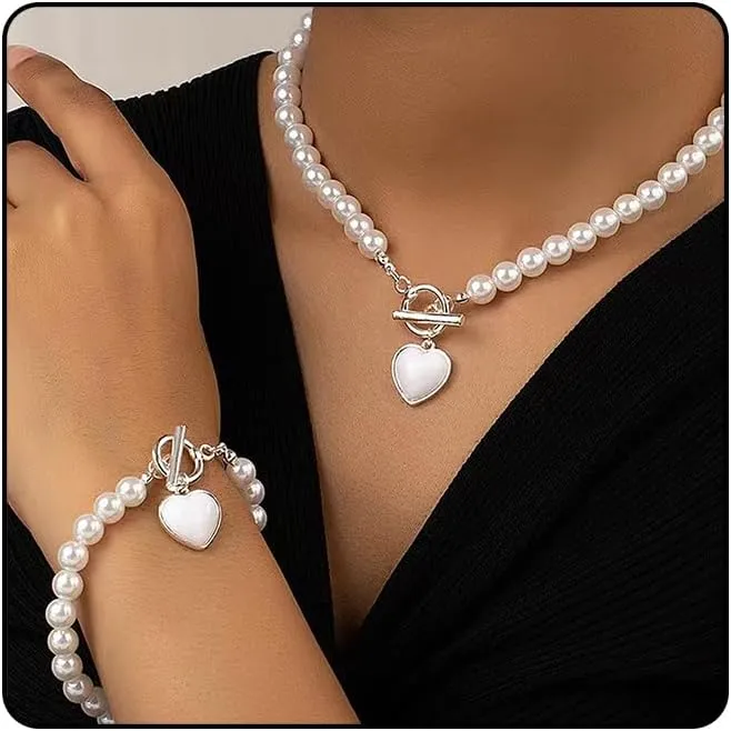 Pearls Heart Necklace Bracelets Set for Women, Dainty Pearls Beaded Choker OT Buckle Love Bracelets Charm Prom Wedding Jewelry for Bridal Bridesmaid