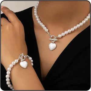 Pearls Heart Necklace Bracelets Set for Women, Dainty Pearls Beaded Choker OT Buckle Love Bracelets Charm Prom Wedding Jewelry for Bridal Bridesmaid