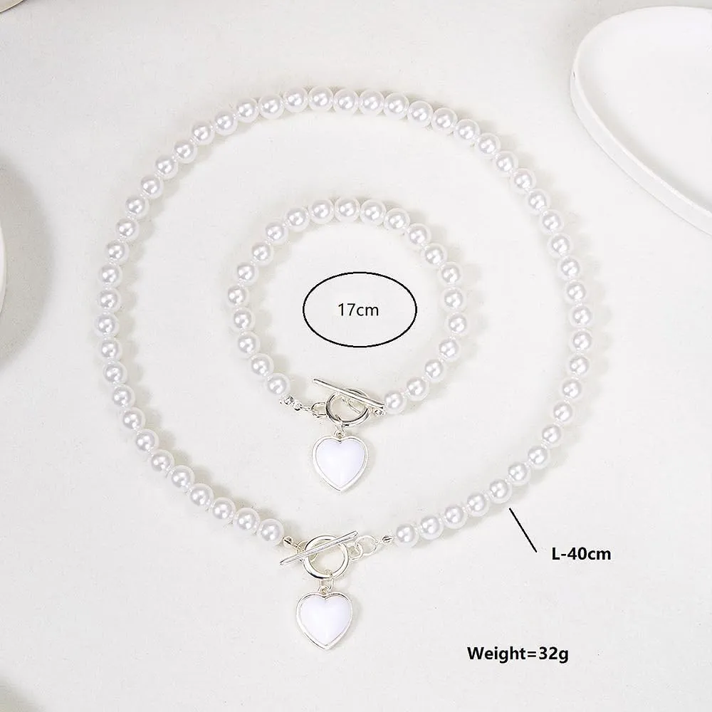 Pearls Heart Necklace Bracelets Set for Women, Dainty Pearls Beaded Choker OT Buckle Love Bracelets Charm Prom Wedding Jewelry for Bridal Bridesmaid