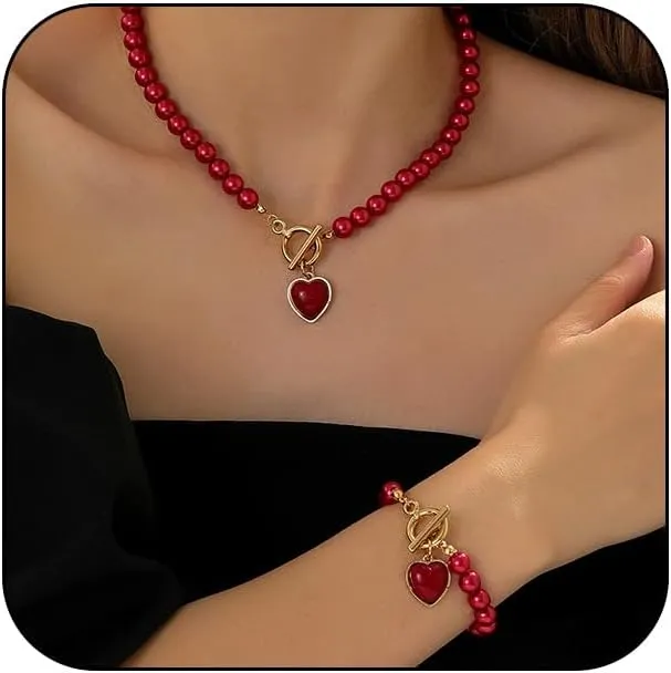Pearls Heart Necklace Bracelets Set for Women, Dainty Pearls Beaded Choker OT Buckle Love Bracelets Charm Prom Wedding Jewelry for Bridal Bridesmaid