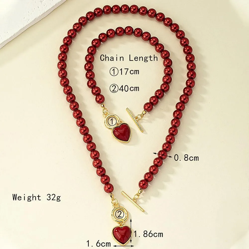 Pearls Heart Necklace Bracelets Set for Women, Dainty Pearls Beaded Choker OT Buckle Love Bracelets Charm Prom Wedding Jewelry for Bridal Bridesmaid