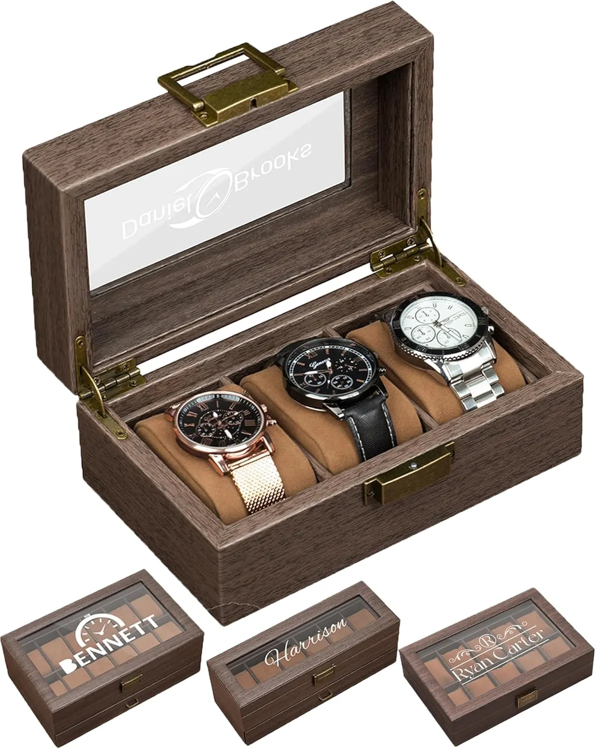 Personalized Mens Jewelry Box Organizer, Engraved Wooden Watch Storage Box for Men Dad Husband Boyfriend, Custom Anniversary Birthday Gifts for Him