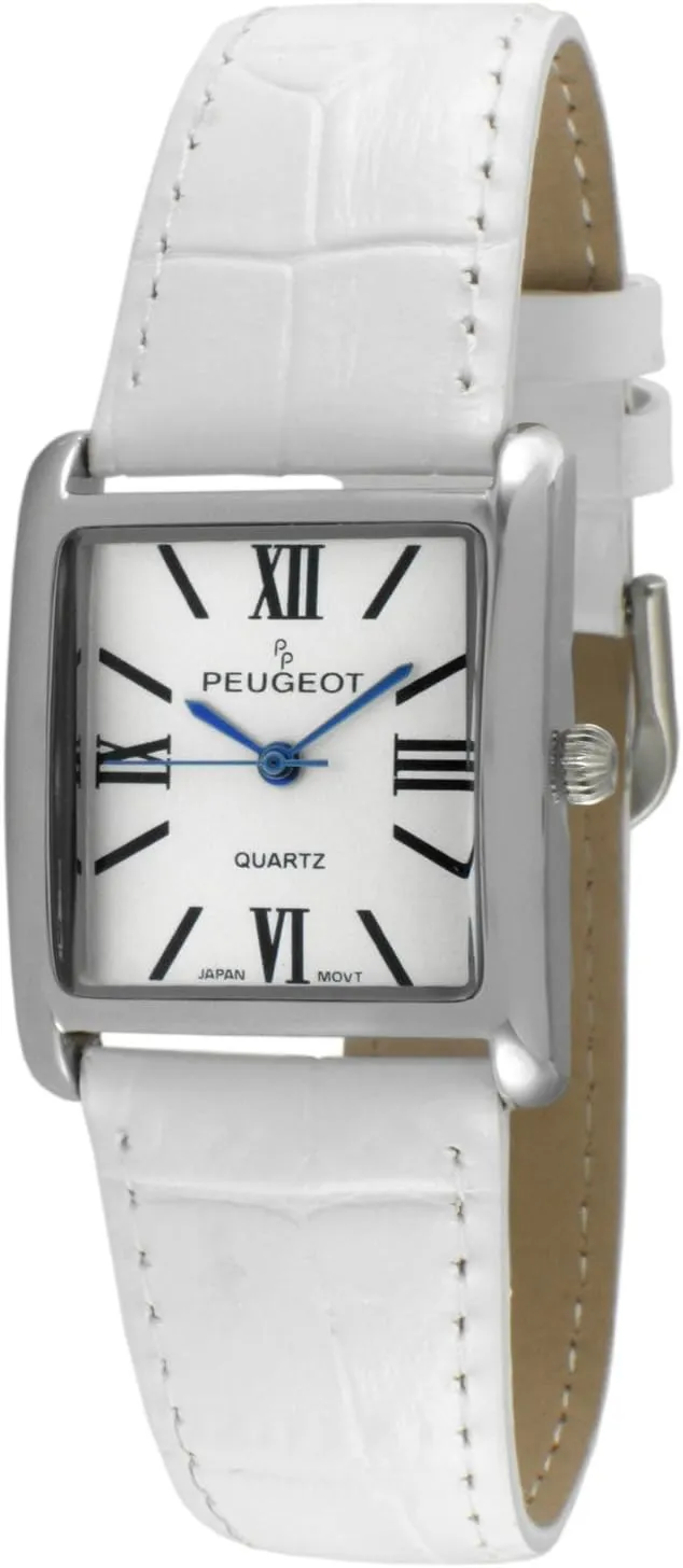 Peugeot Women's Silver-Tone Tank Shape Leather Dress Watch with Roman Numerals, White