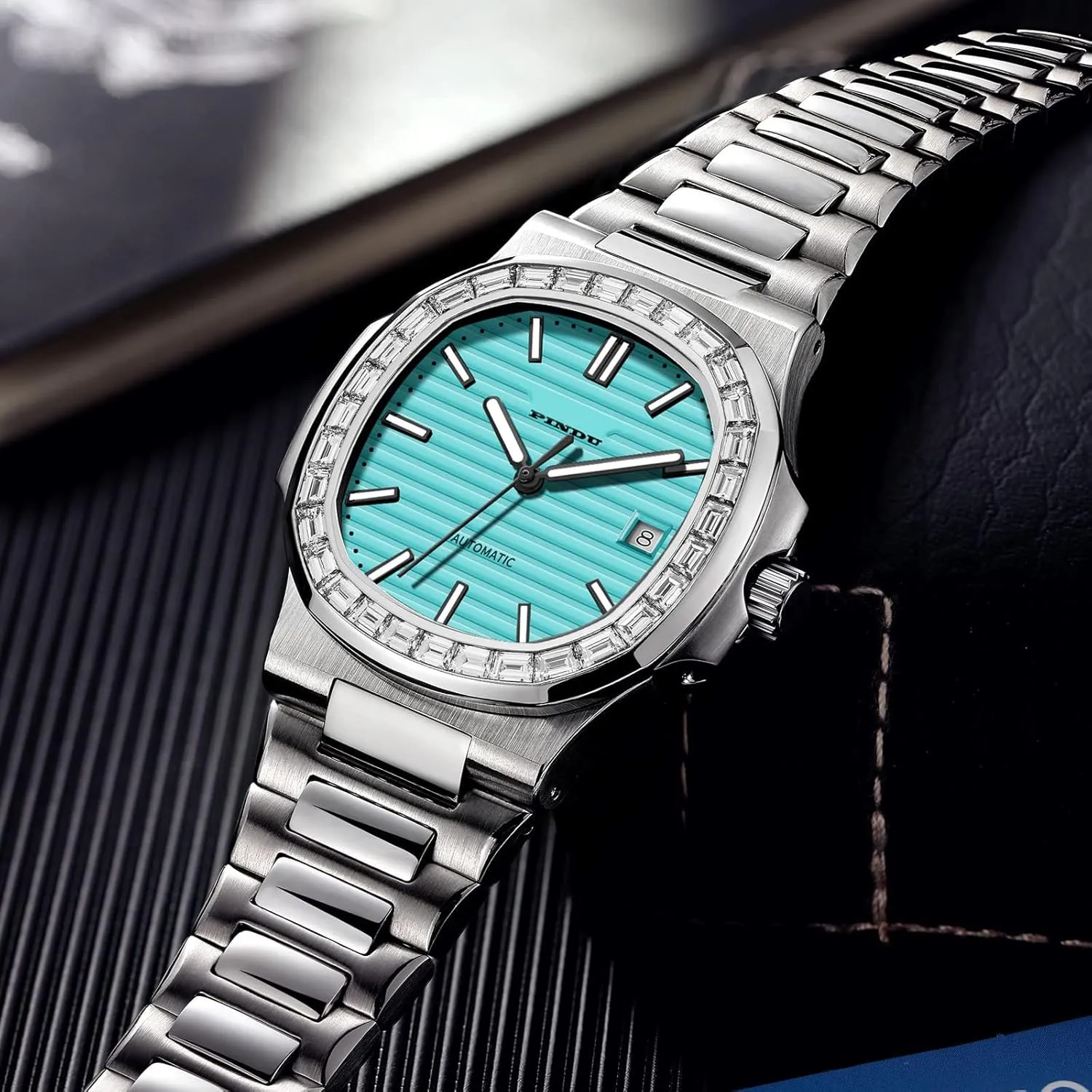 PINDU Automatic Watches for Men, Square Diamond Watch Stainless Steel Strap Skeleton Self-Winding Mechanical Watch Wrist Watch Gift for Men
