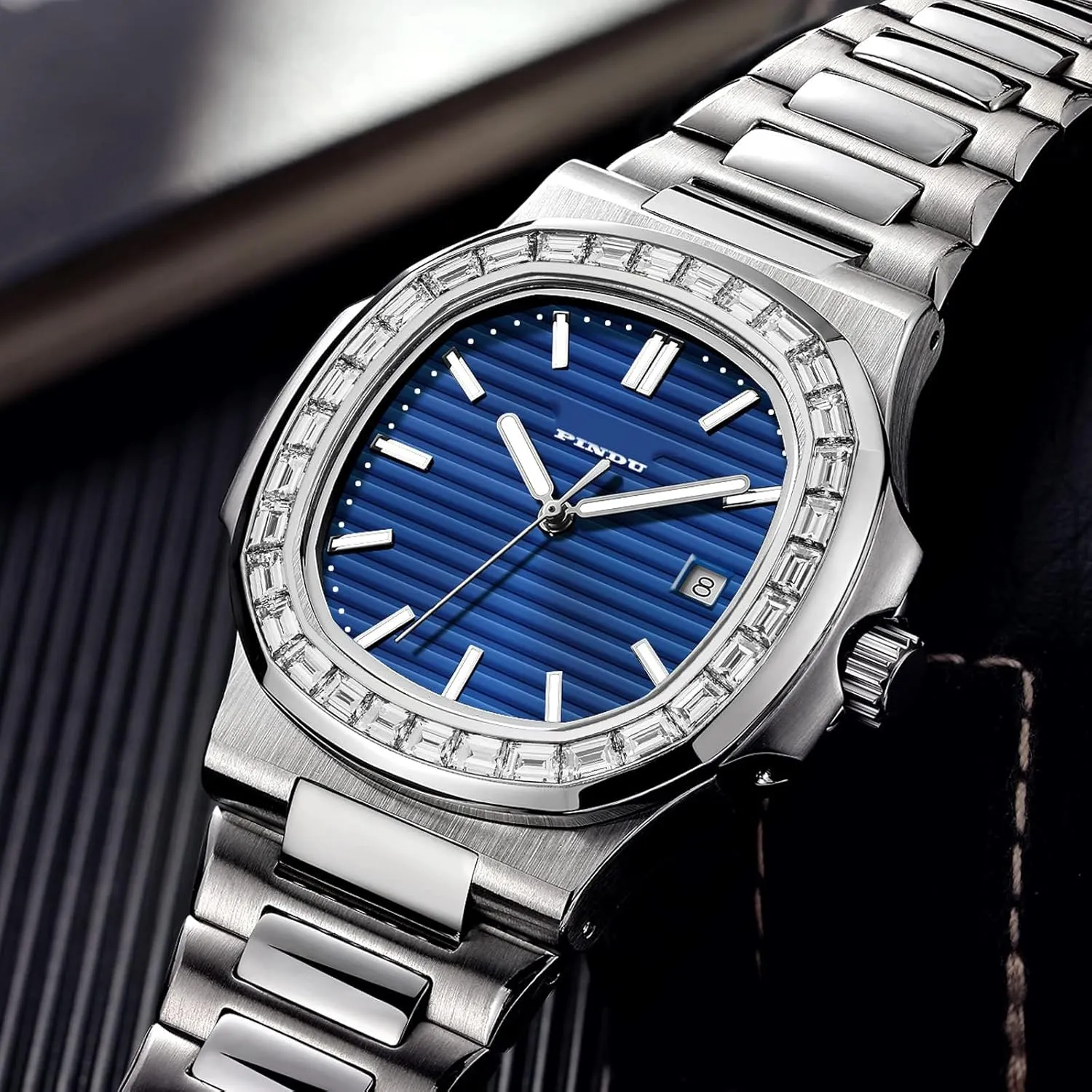 PINDU Automatic Watches for Men, Square Diamond Watch Stainless Steel Strap Skeleton Self-Winding Mechanical Watch Wrist Watch Gift for Men