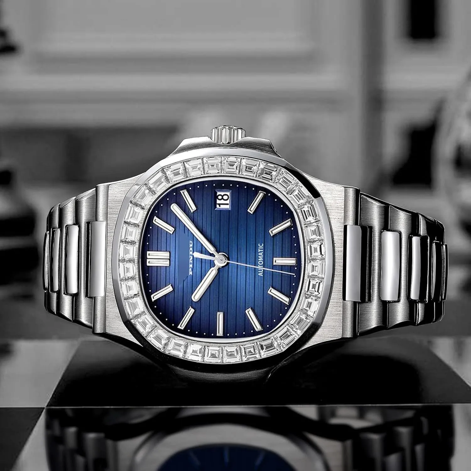 PINDU Automatic Watches for Men, Square Diamond Watch Stainless Steel Strap Skeleton Self-Winding Mechanical Watch Wrist Watch Gift for Men